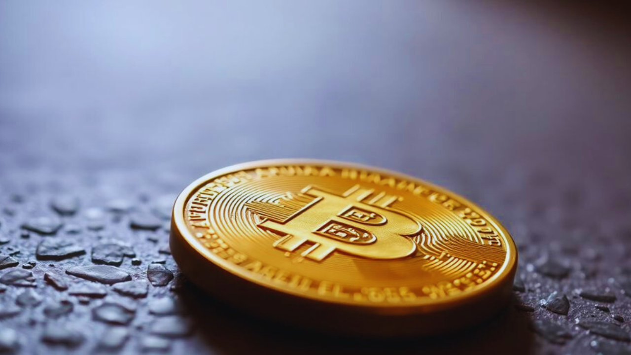 Uma moeda Bitcoin dourada sobre uma superfície texturizada.