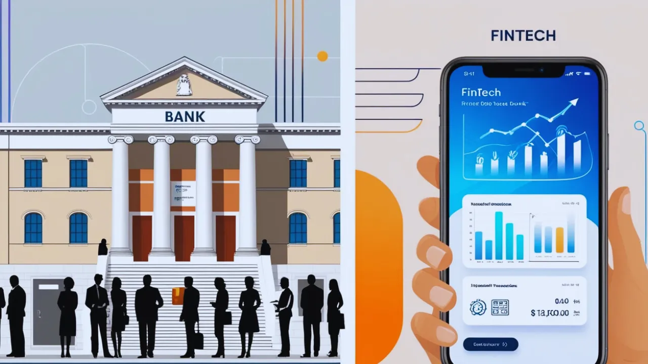 A modern representation of the difference between fintechs and traditional banks. On the left side, a traditional bank