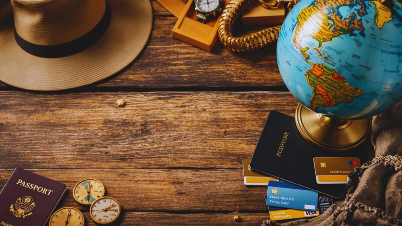 Cenas de viagem com passaporte e cartões de crédito