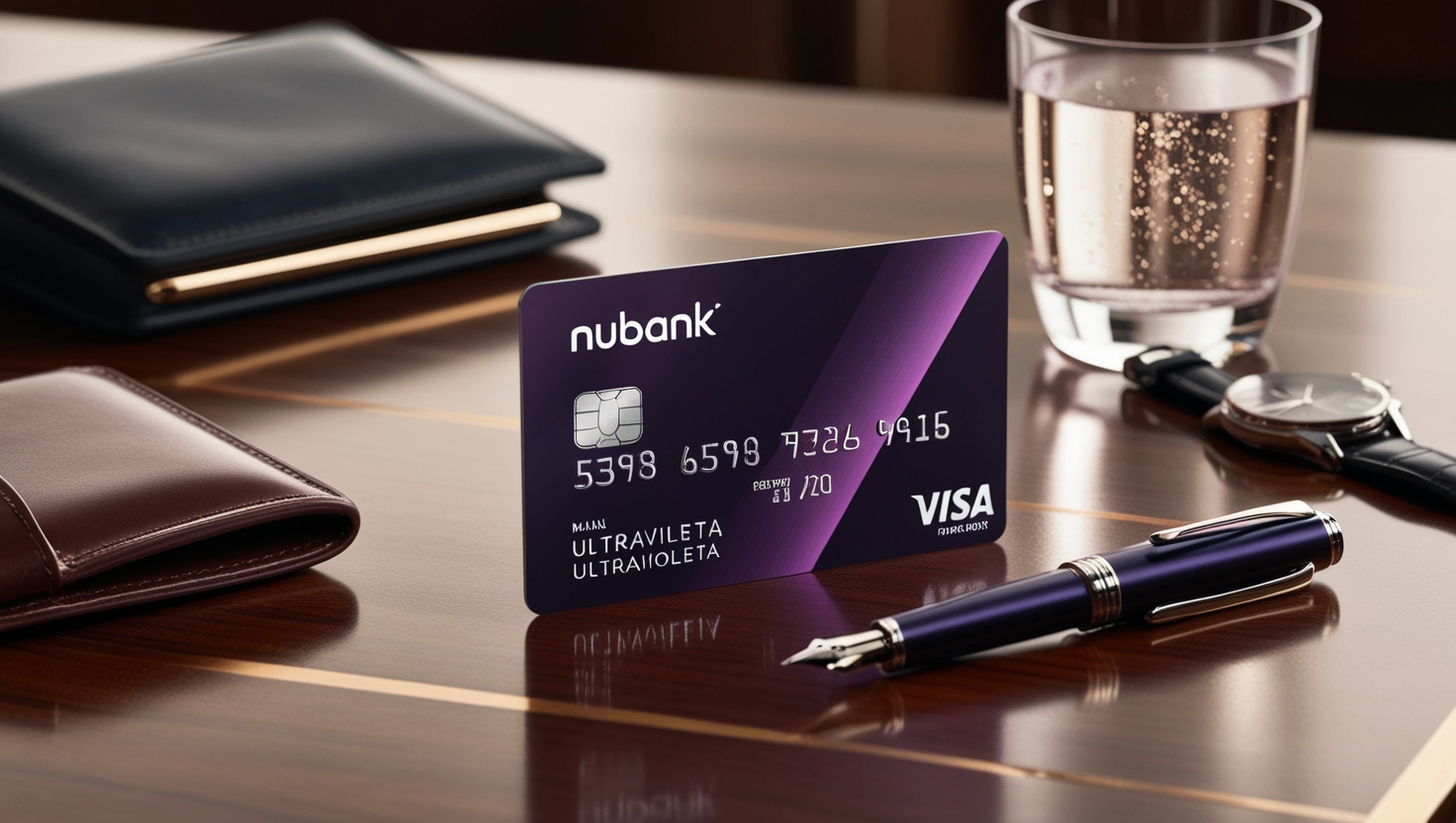 Cartão Nubank Ultravioleta em mesa com itens de luxo.