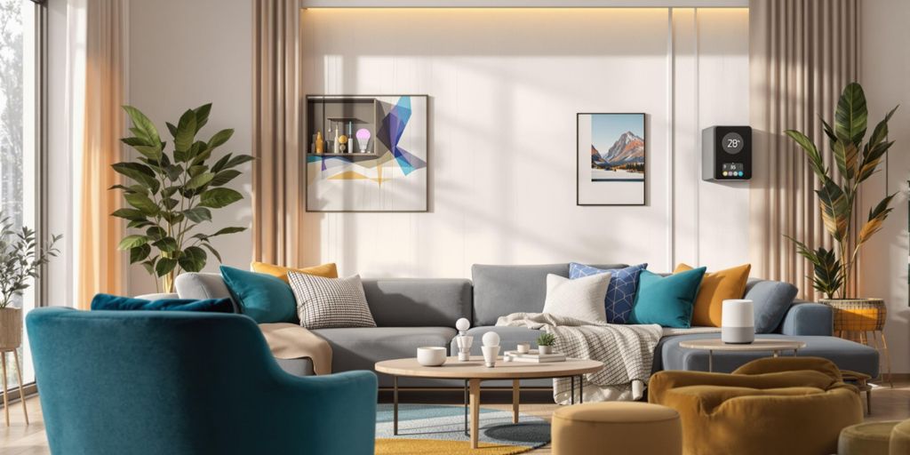 Sala moderna com dispositivos inteligentes e decoração elegante