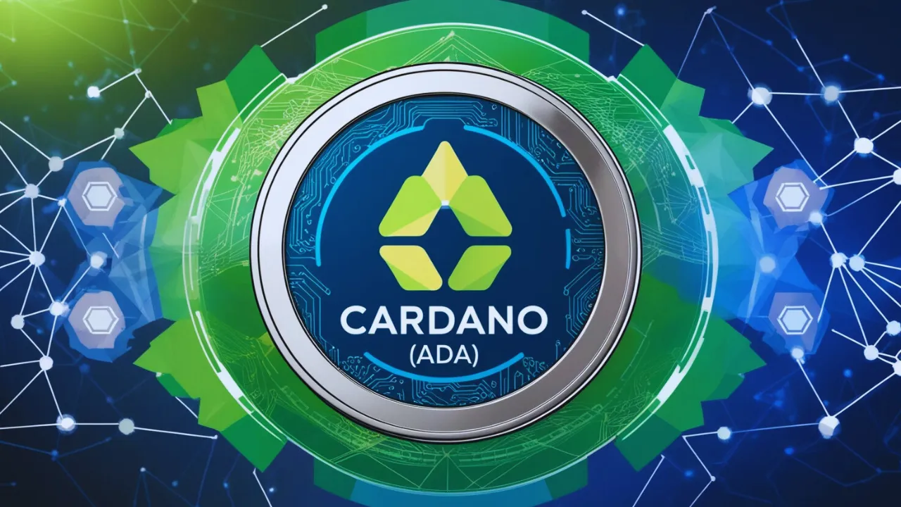 Imagem digital da Cardano (ADA) com o logotipo central, rodeado por elementos de blockchain e padrões geométricos, representando inovação, sustentabilidade e escalabilidade na tecnologia de blockchain