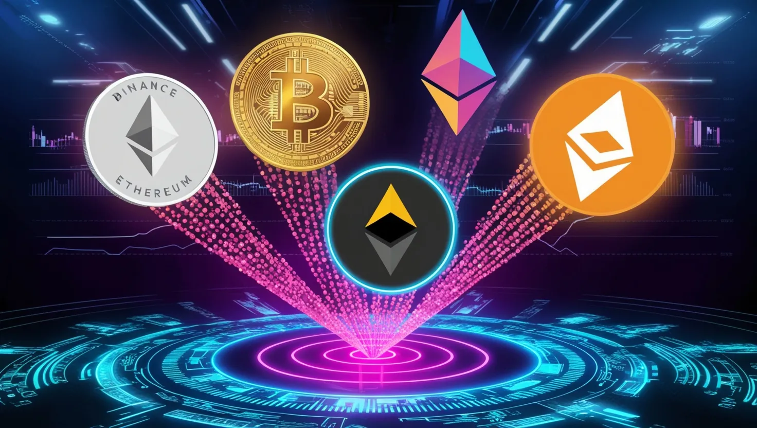 Uma imagem futurista mostrando as logos de Bitcoin, Ethereum, Binance Coin, Cardano e Solana flutuando sobre um fundo tecnológico