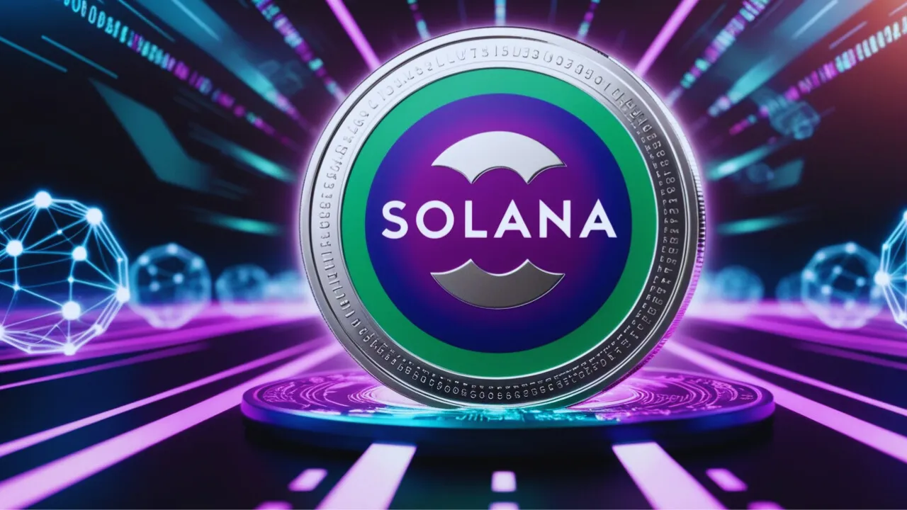 Imagem digital da Solana (SOL) com o logotipo e gradiente oficial em tons de roxo, verde e azul, cercada por elementos que simbolizam velocidade, escalabilidade e tecnologia blockchain