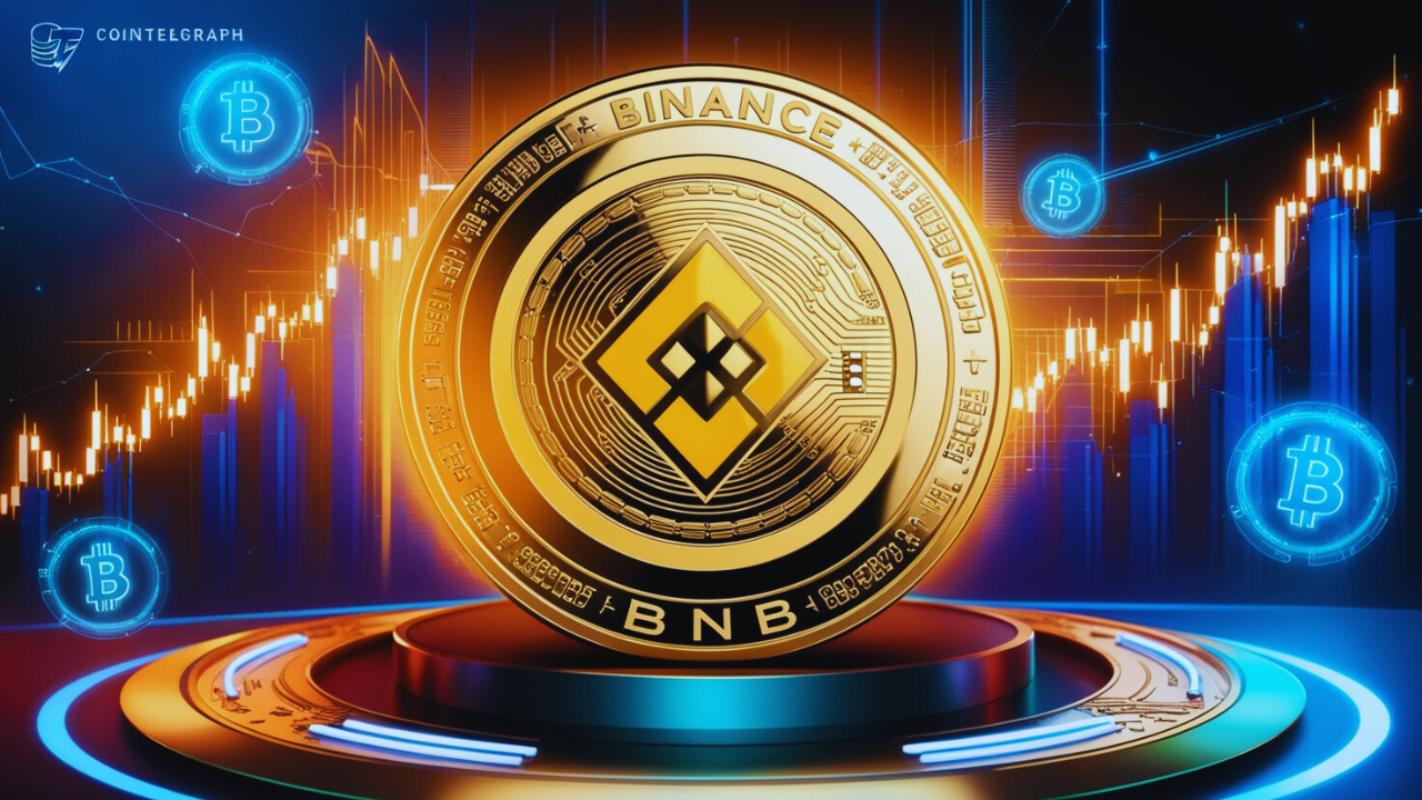 Imagem digital da Binance Coin (BNB) em um fundo futurista com gráficos de mercado e símbolos de blockchain, representando a inovação no mercado de criptomoedas