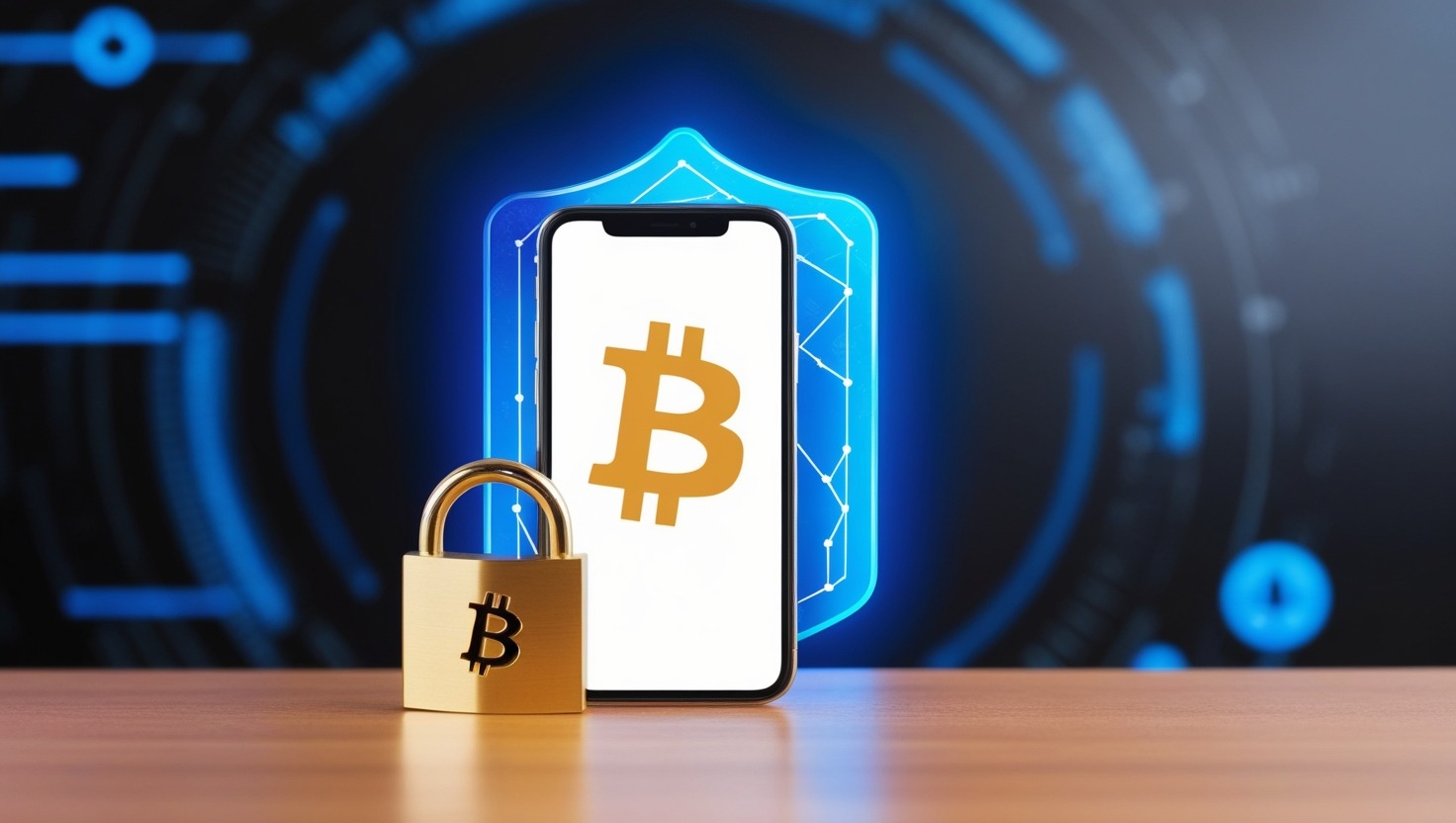Uma tela de smartphone exibindo uma carteira de Bitcoin segura com um cadeado dourado e o símbolo do Bitcoin.