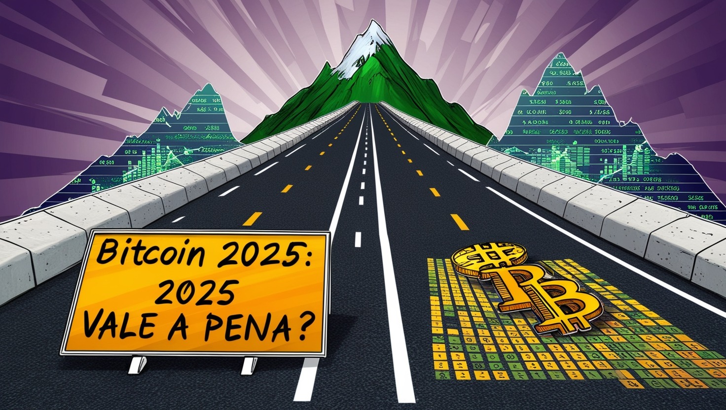 Uma estrada dividida em dois caminhos: um com uma montanha-russa subindo e outro descendo, ambos formados por gráficos financeiros