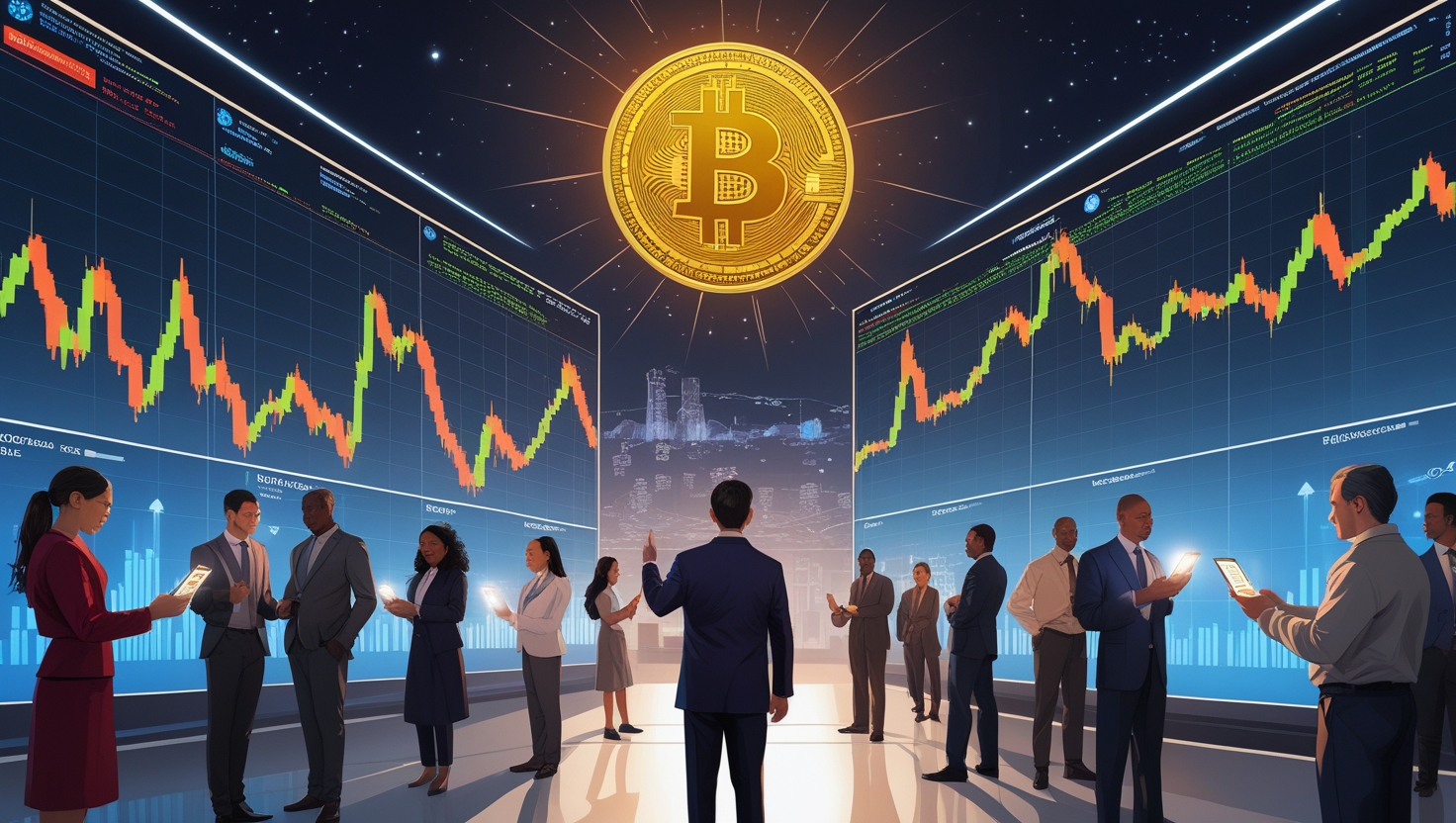 Uma ilustração futurista de uma cidade digital, onde a infraestrutura é movida por criptomoedas. Prédios modernos com telas de blockchain visíveis