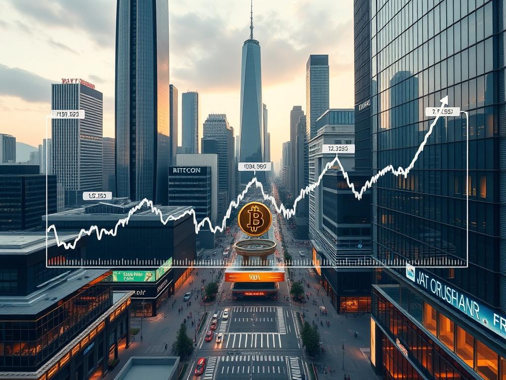 Um gráfico detalhado que descreve o preço do Bitcoin ao longo do tempo, tendo como pano de fundo um centro financeiro moderno com arranha-céus imponentes Preço do Bitcoin