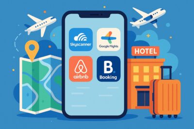 Smartphone exibindo aplicativos de viagem como Skyscanner, Google Flights, Airbnb e Booking