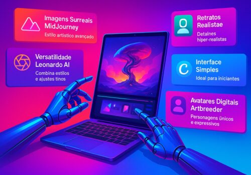 Interface e recursos dos melhores apps de inteligência artificial para criar imagens em 2025, incluindo DALL-E, MidJourney e Leonardo AI, mostrando geração automática e design criativo digital