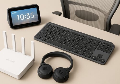 Melhores gadgets para home office em 2025, incluindo Echo Show 5, teclado Logitech MX Keys, roteador WiFi 6E, fones Bluetooth JBL e cadeira ergonômica ThunderX3.