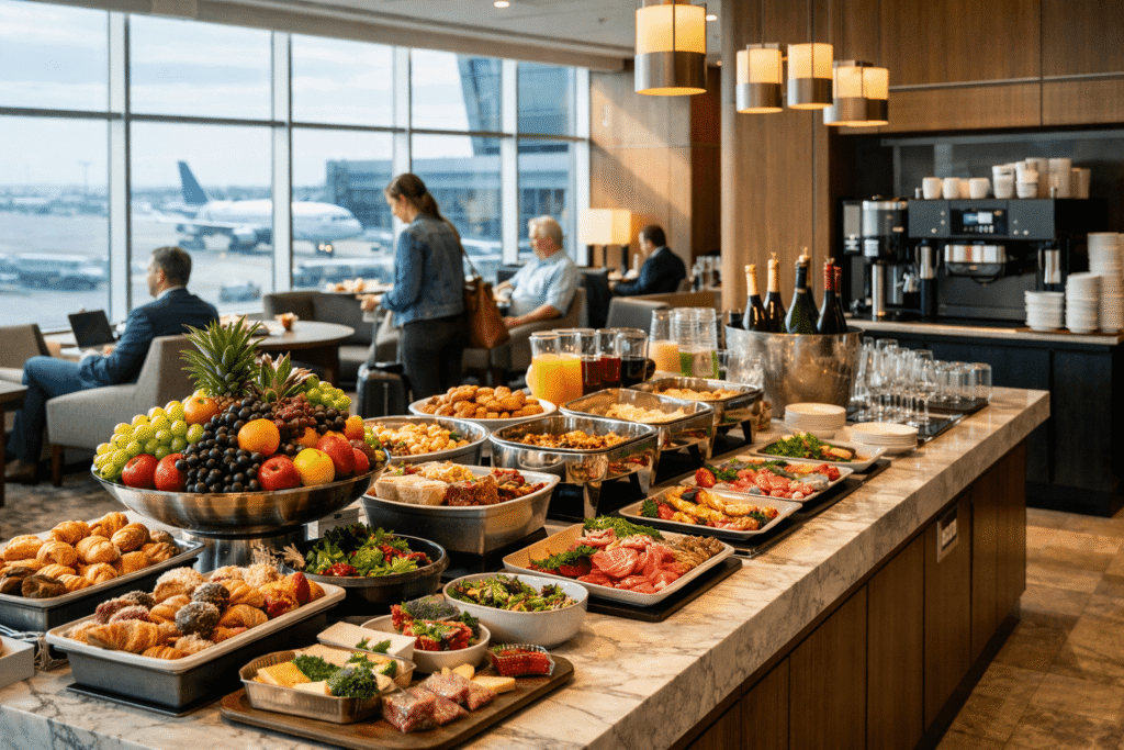 Área de descanso confortável em sala VIP de aeroporto para passageiros com cartão de crédito premium