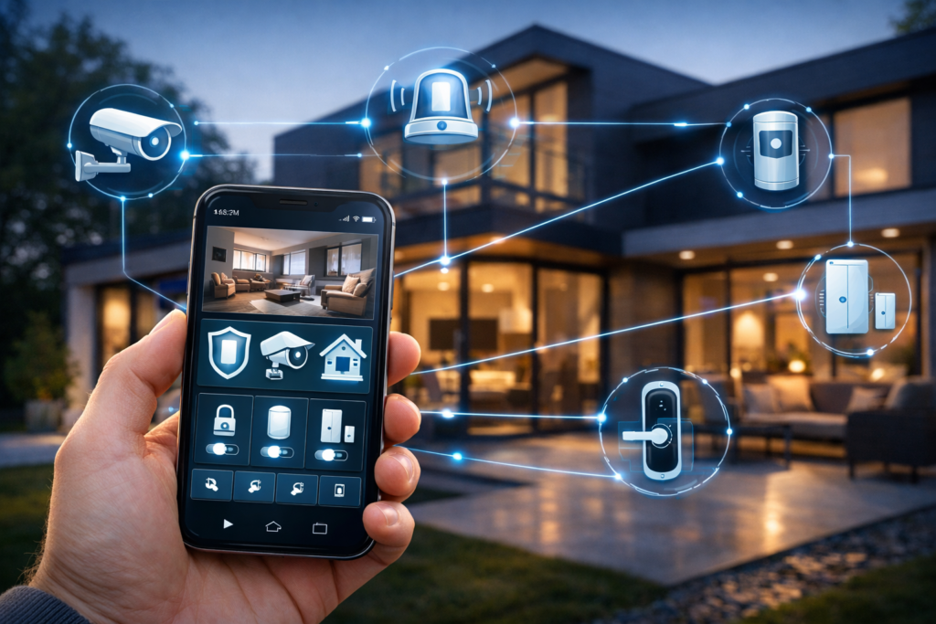 Sistema de segurança residencial inteligente controlado por aplicativo com câmera e sensores