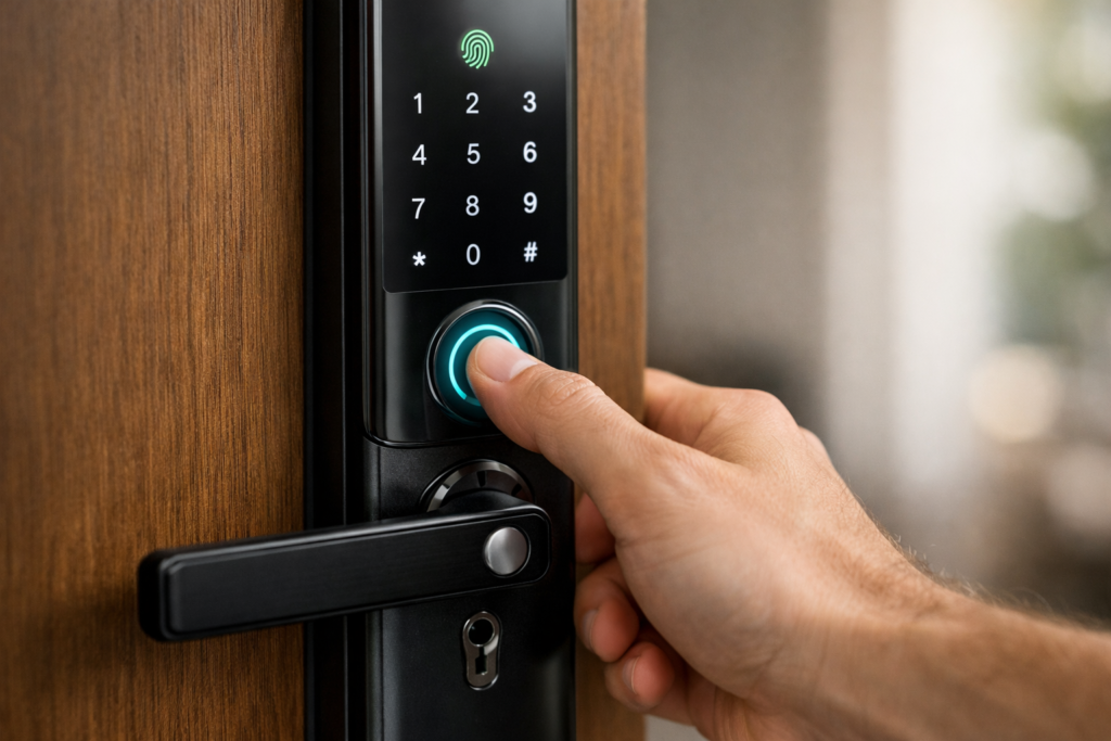 pessoa abrindo fechadura digital com biometria usando impressão digital
