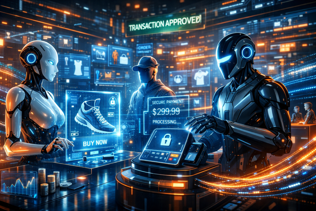 Ilustração futurista mostrando inteligência artificial realizando compras e pagamentos automáticos em um ambiente de e-commerce digital.