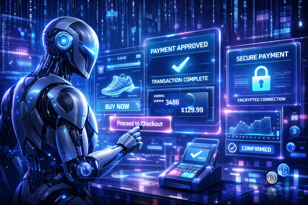 Agentic Commerce mostrando inteligência artificial realizando pagamentos digitais automaticamente no e-commerce.