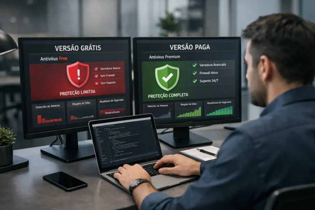 Usuário trabalhando em laptop com antivírus grátis e pago, destacando confiabilidade e proteção digital moderna
