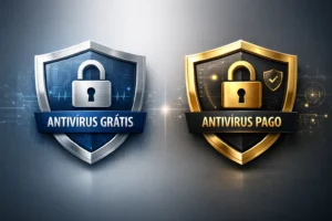 Imagem de capa comparando antivírus grátis vs pago, mostrando proteção digital confiável e segurança de dados em computador moderno.