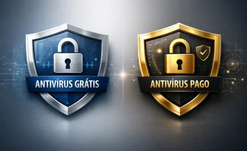 Imagem de capa comparando antivírus grátis vs pago, mostrando proteção digital confiável e segurança de dados em computador moderno.