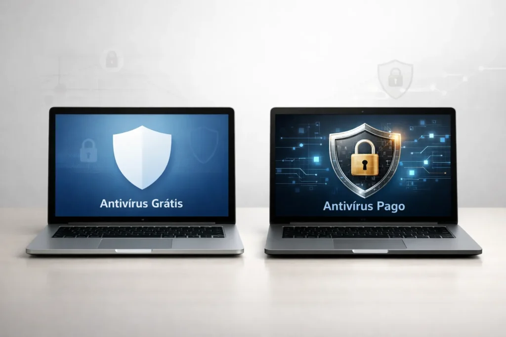 Comparativo profissional de antivírus grátis vs pago mostrando proteção de dados e segurança digital confiável