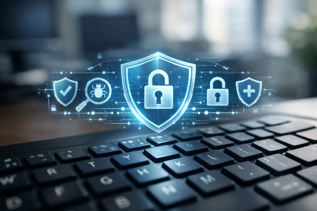 Segurança digital realista com antivírus em computador protegendo contra malware e ameaças online.