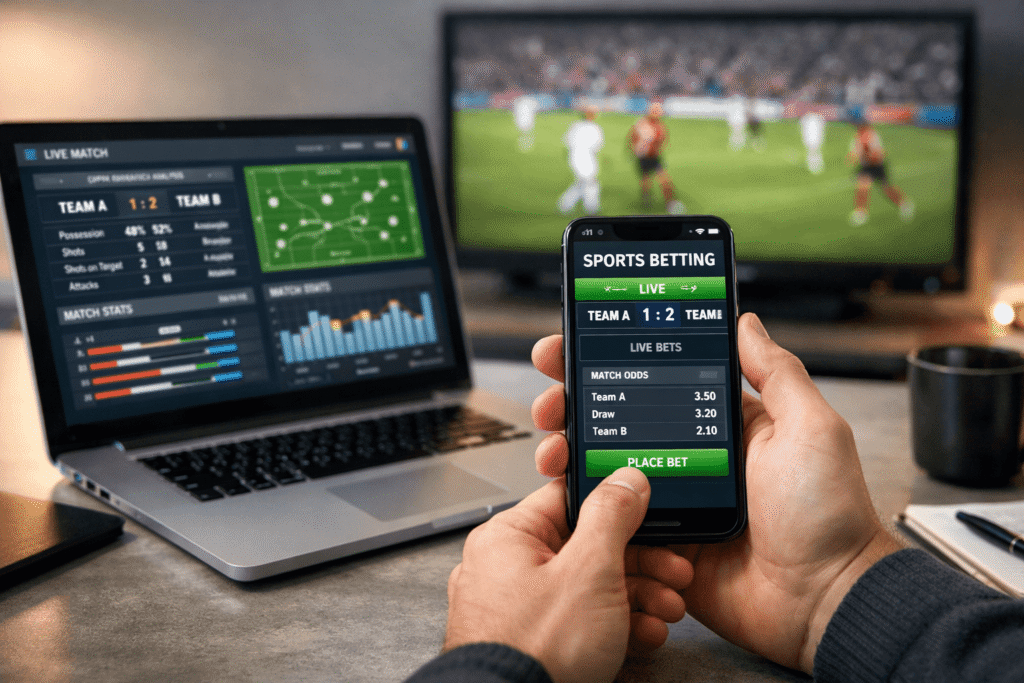 Pessoa usando aplicativo de apostas esportivas no celular enquanto analisa estatísticas de partidas no laptop