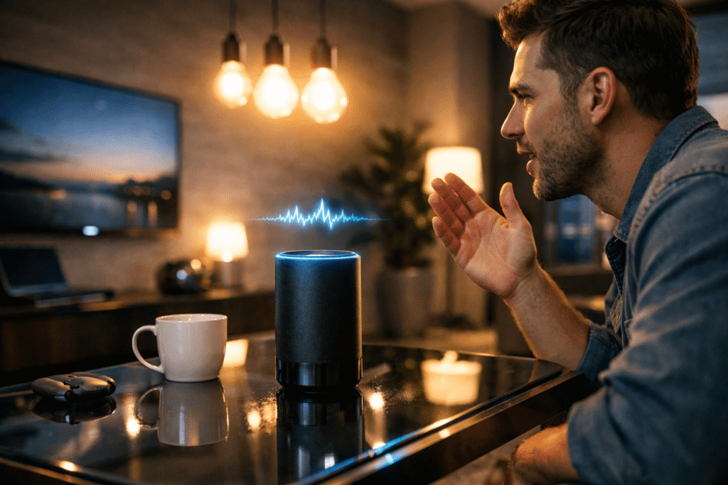 Assistente virtual controlando dispositivos de automação residencial por comando de voz