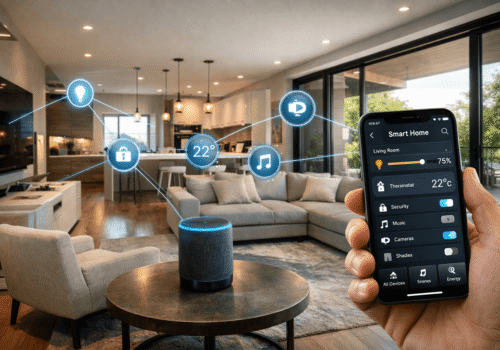 Capa de casa interconectada com dispositivos inteligentes e automação residencial