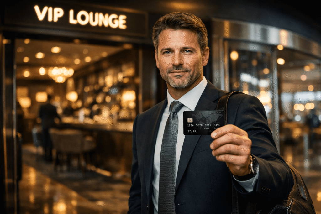 Viajante segurando cartão de crédito black com acesso a sala VIP em aeroporto internacional
