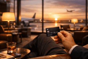 Viajante segurando cartão de crédito premium em sala VIP de aeroporto antes do embarque