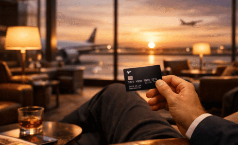 Viajante segurando cartão de crédito premium em sala VIP de aeroporto antes do embarque