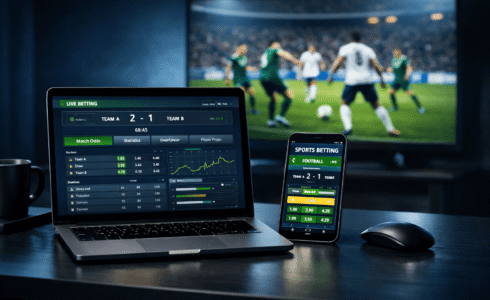 Pessoa analisando estatísticas de apostas esportivas online em laptop e aplicativo de apostas no celular