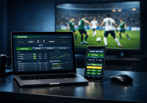 Pessoa analisando estatísticas de apostas esportivas online em laptop e aplicativo de apostas no celular