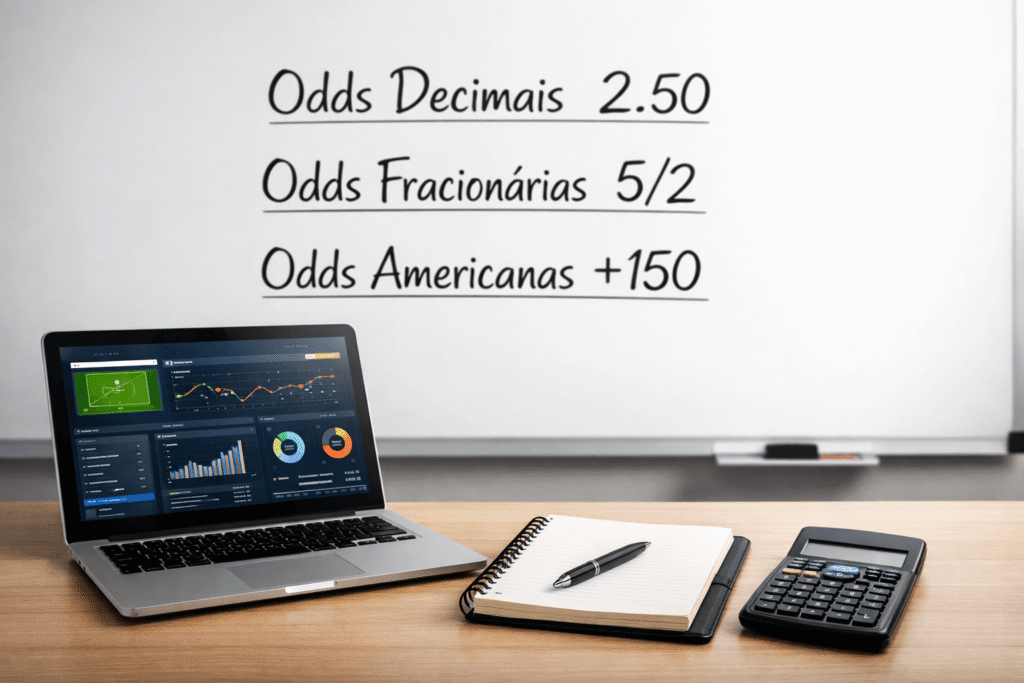 Quadro explicativo mostrando odds decimais, fracionárias e americanas usadas em apostas esportivas