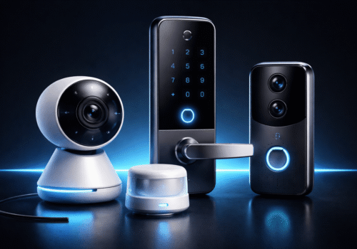 Dispositivos de segurança residencial modernos protegendo casa inteligente em 2026