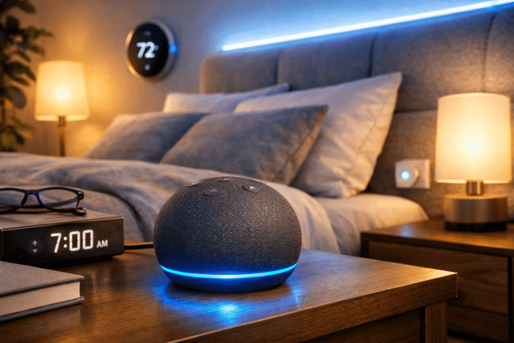 Echo Dot 5ª geração com Alexa em quarto controlando iluminação inteligente