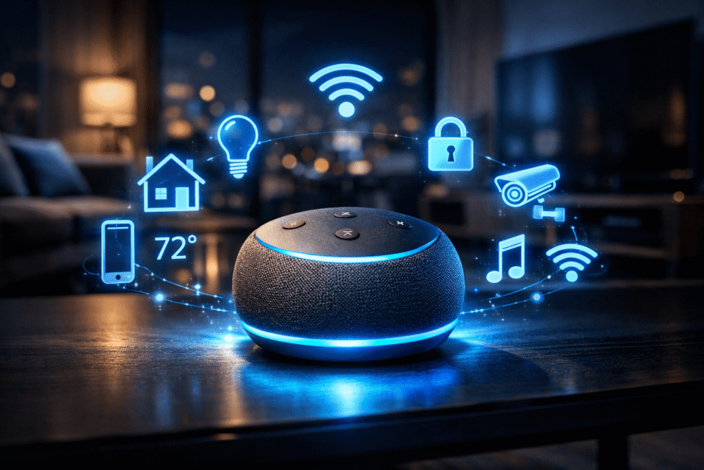 Echo Dot 5ª geração controlando casa inteligente com Alexa