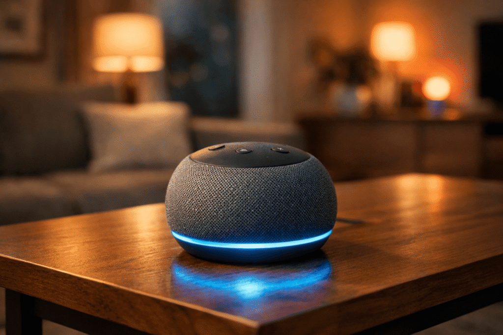 Echo Dot 5ª geração com Alexa em sala de casa inteligente moderna
