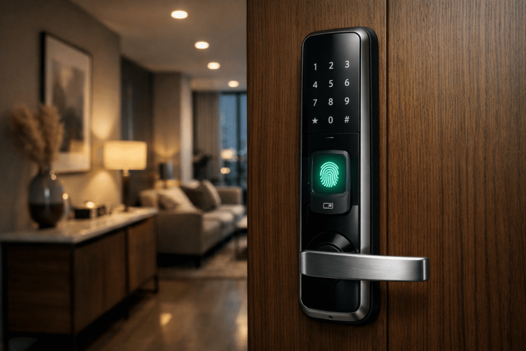 fechadura digital com biometria instalada em porta de apartamento moderno