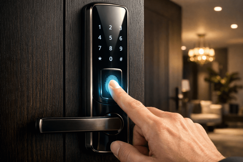 Fechadura digital biométrica instalada em porta residencial com acesso por impressão digital