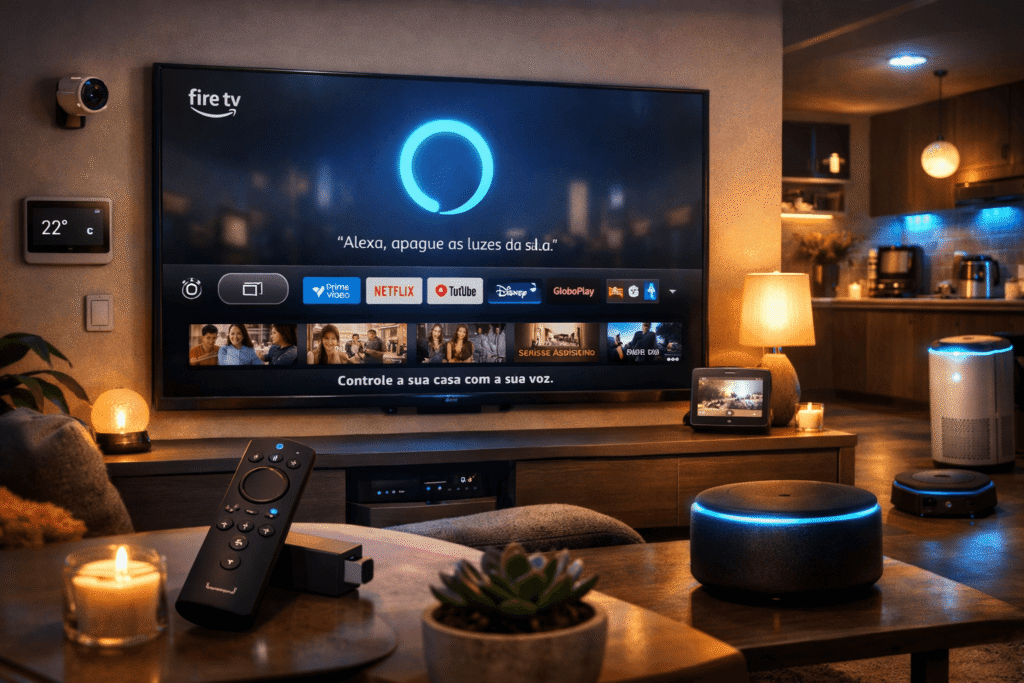 Fire TV Stick conectado a TV mostrando interface de streaming em sala moderna.