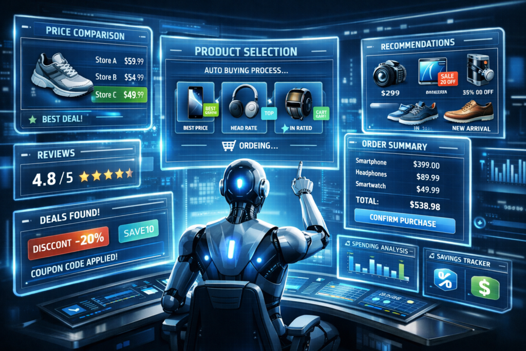 Assistente de inteligência artificial automatizando compras online e pagamentos digitais no comércio eletrônico.