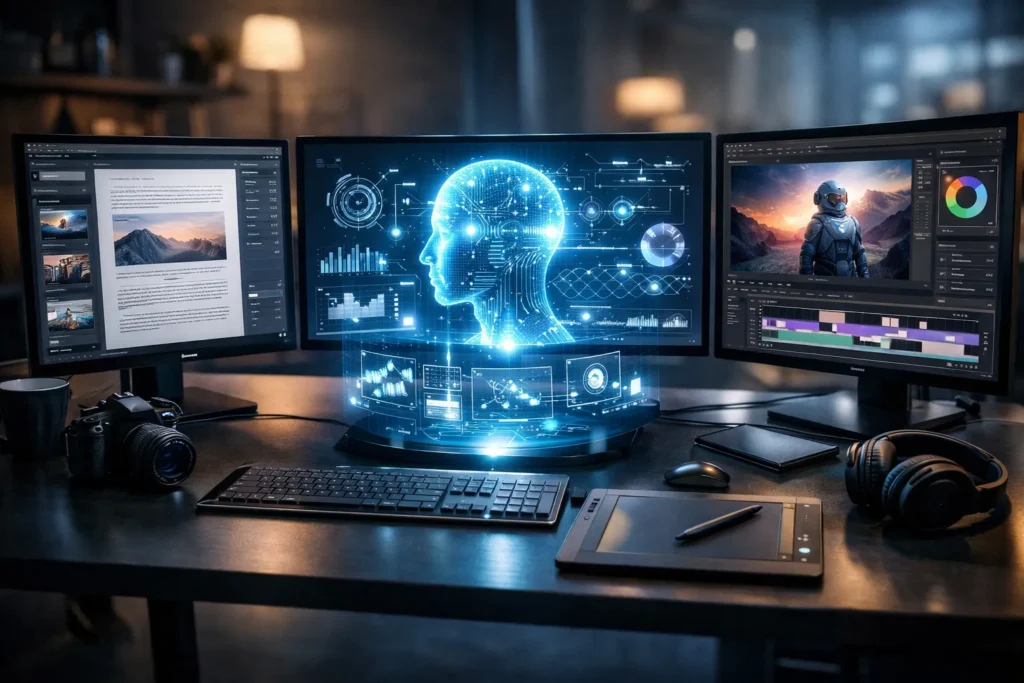 Uso de IA para produção de conteúdo profissional em ambiente de trabalho moderno