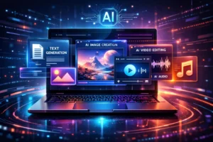 Ferramentas de IA para criar conteúdo em 2026 exibidas em laptop moderno