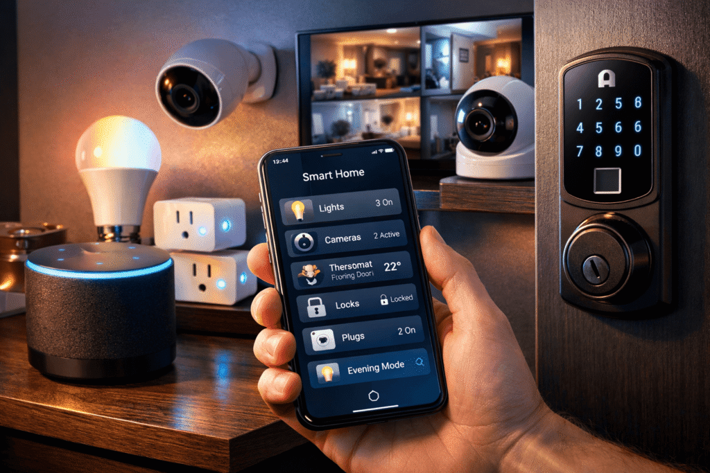 Integração de dispositivos smart home controlados por smartphone em casa moderna