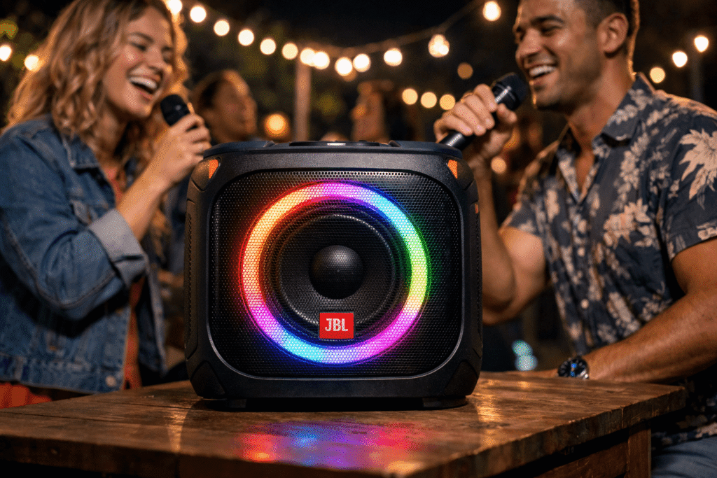 Caixa de som JBL PartyBox Encore com iluminação RGB e dois microfones sem fio