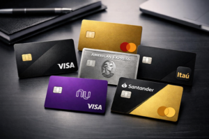 Capa com os principais cartões de crédito do ranking 2026 mostrando cartões Visa, Mastercard e American Express