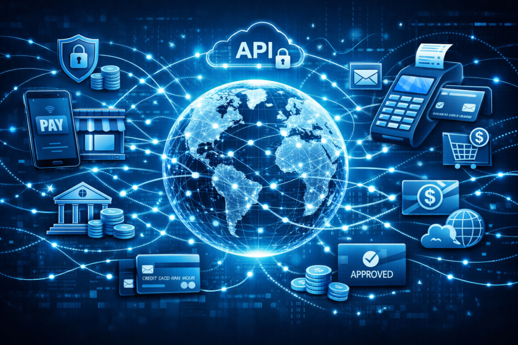 Infraestrutura global de pagamentos digitais conectando plataformas de e-commerce e tecnologia financeira.