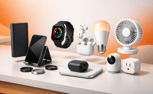 gadget populares vendidos online como smartwatch power bank e fones bluetooth organizados em mesa moderna